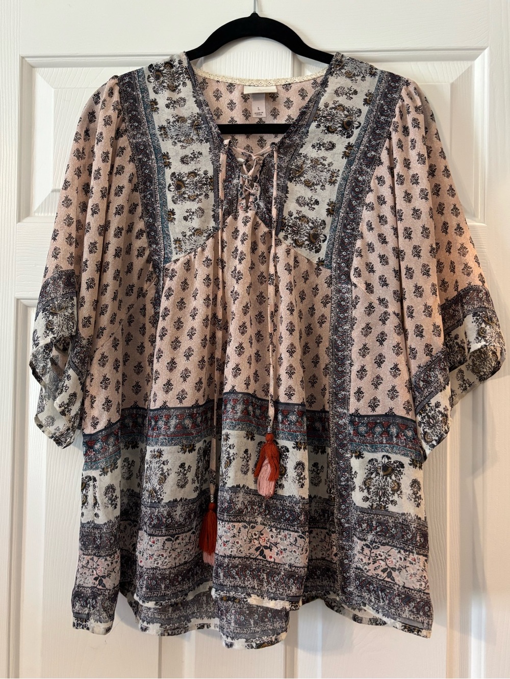 Knox Rose Boho Tassel Peasant Blouse - Pink Floral
